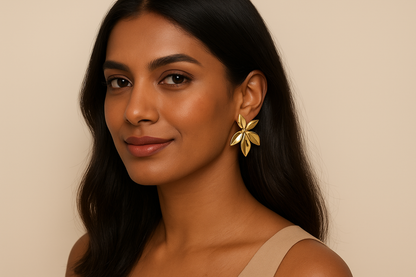 Professional jewelry catalog portrait with model having open hair wearing exact golden flower earrings from reference