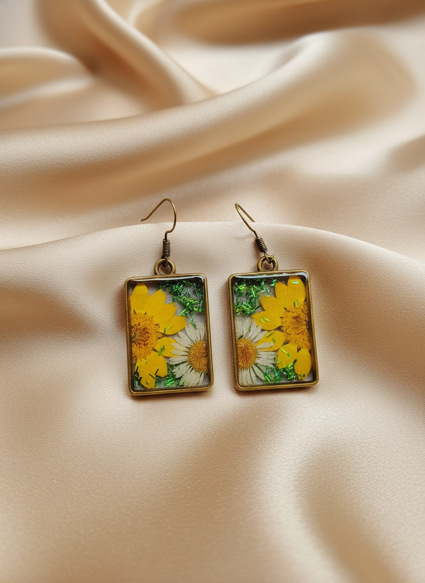 Rectangular pressed flower earrings on satin cloth