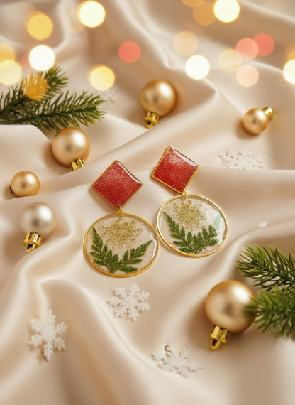 Resin flower earrings on satin cloth with Christmas theme