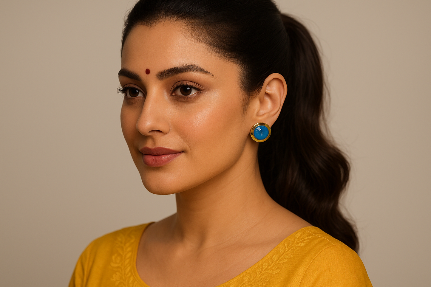 South Indian model in yellow kurti wearing blue stone earrings
