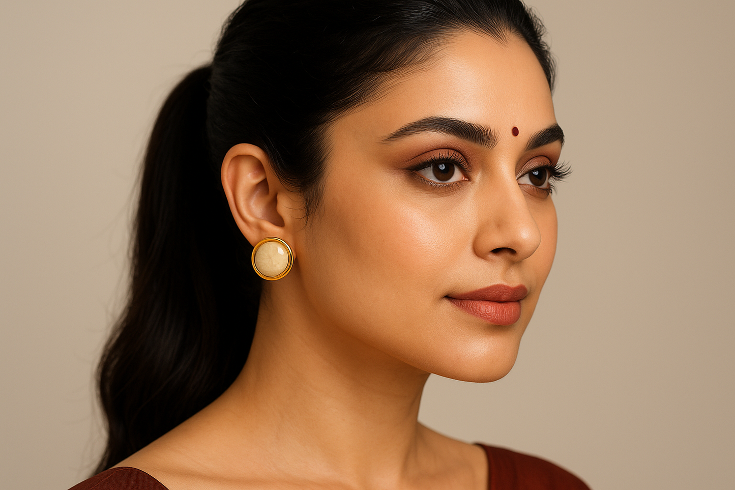 South Indian model wearing circular cream stone earrings
