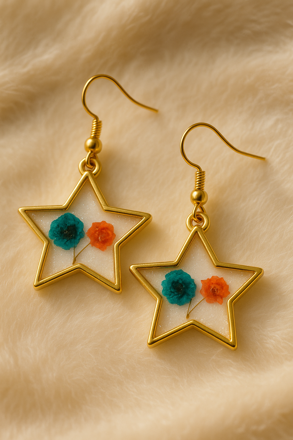 Star Pressed Flower Resin Earrings - Handmade Blue & Orange Floral Jewelry