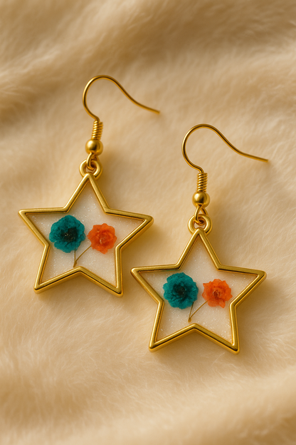 Star Pressed Flower Resin Earrings - Handmade Blue & Orange Floral Jewelry