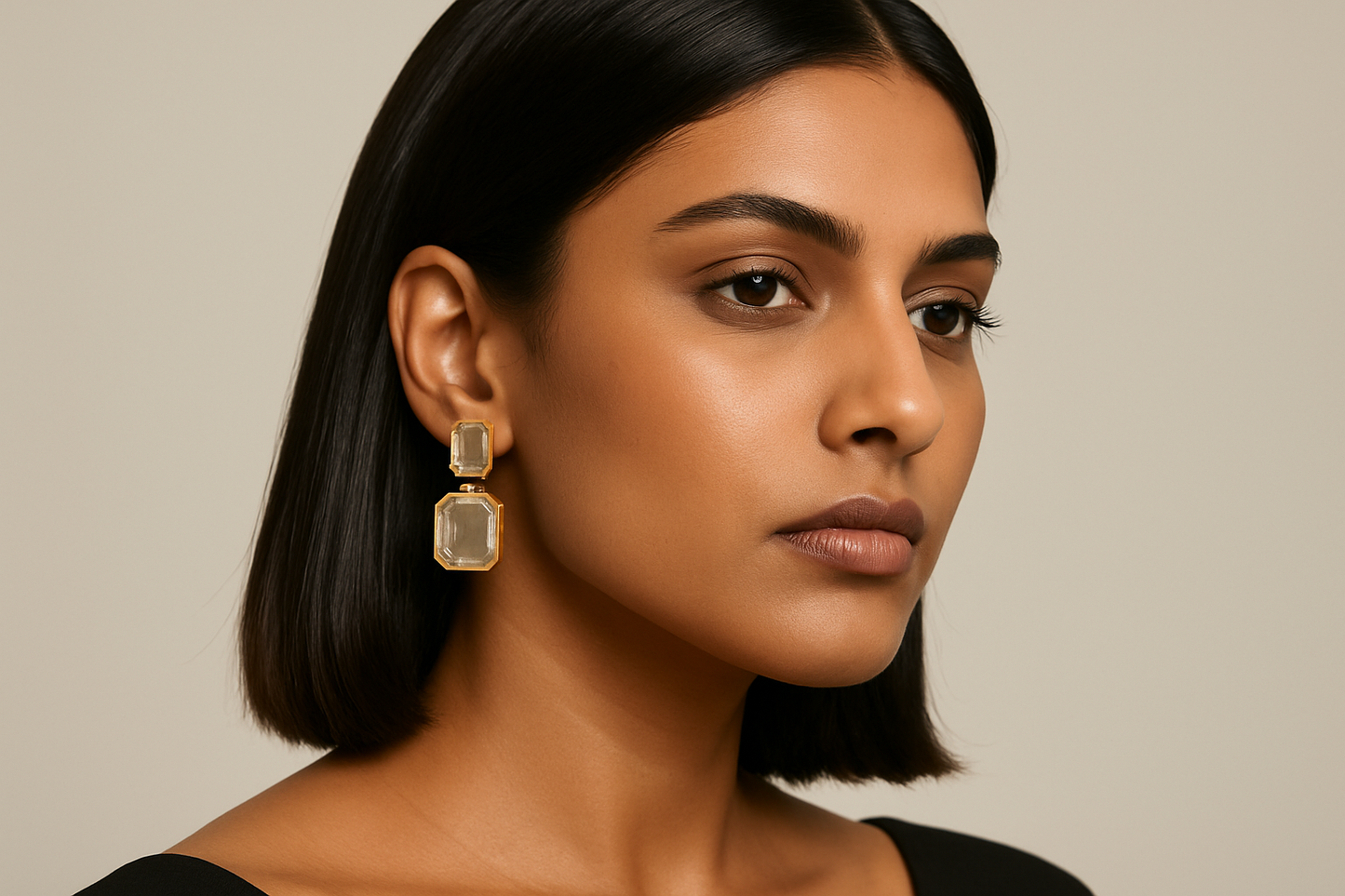 Stylish Indian female model with wheatish skin, sleek straight hair, and modern features wearing crystal drop earrings in high-fashion editorial style