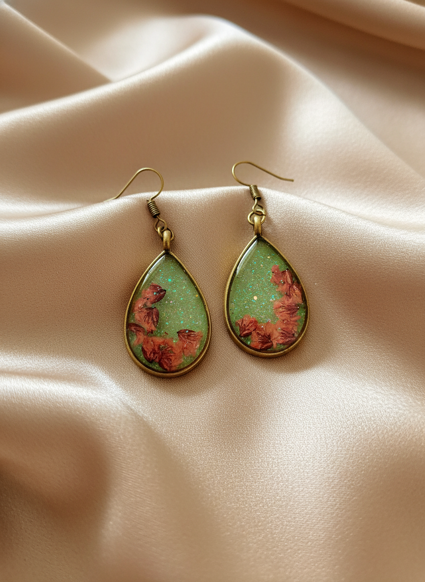 Teardrop pressed flower earrings on satin cloth